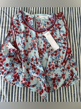 Poupette St. Barth Light Blue Floral Amber Pleated KooKoo Bird Blouse